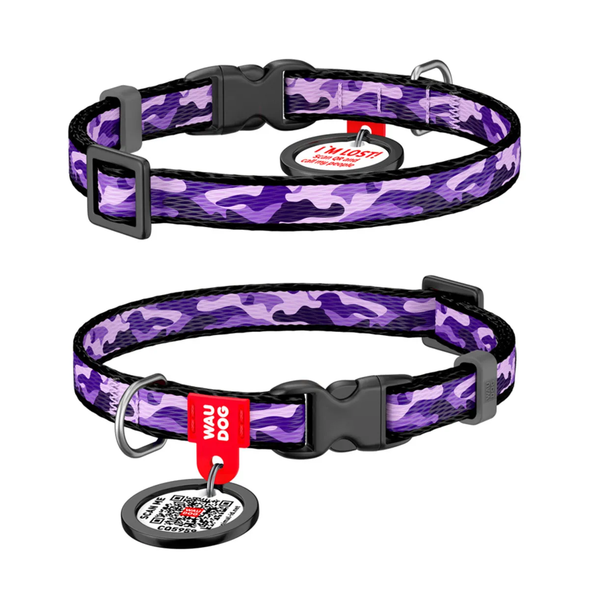5231 Нашийник WAUDOG Nylon з QR паспортом, малюнок "Фіолетовий камо", пласт. фастекс Ш 10мм Д 20-30см